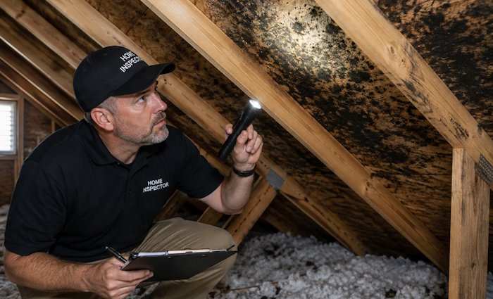 home inspector, home inspection, mold in attic, attic mold, attic inspection, mold inspector in attic, home inspector in attic, Disaster Blaster